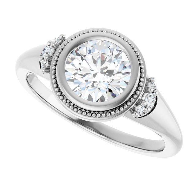 Milgrain bezel ring with round diamond, alternate angle variant--Round variant--1CT variant--14K-white-gold