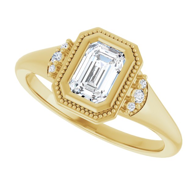 Milgrain bezel engagement ring with emerald cut center stone, three-quarter view/2-CT variant--.5CT variant--Emerald variant--.5CT variant--14K-yellow-gold