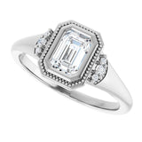 Milgrain bezel diamond ring, alternate angle showing band profile/2-CT variant--.5CT variant--Emerald variant--.5CT variant--14K-white-gold