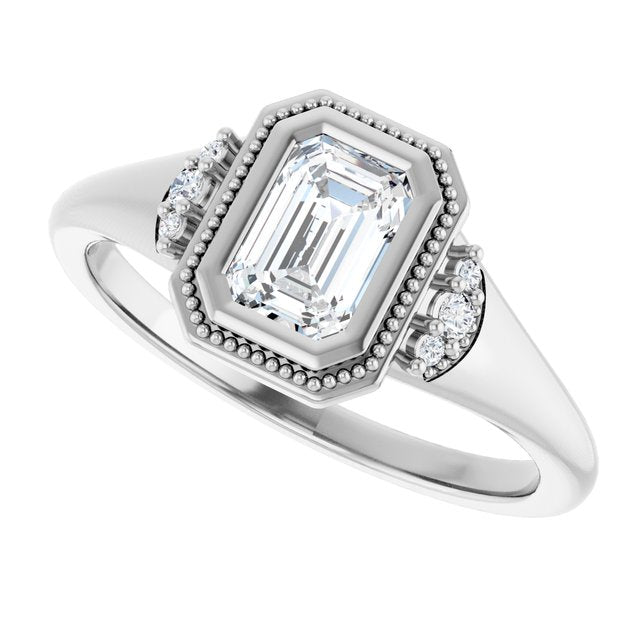 Milgrain bezel diamond ring, alternate angle showing band profile/2-CT variant--.5CT variant--Emerald variant--.5CT variant--14K-white-gold