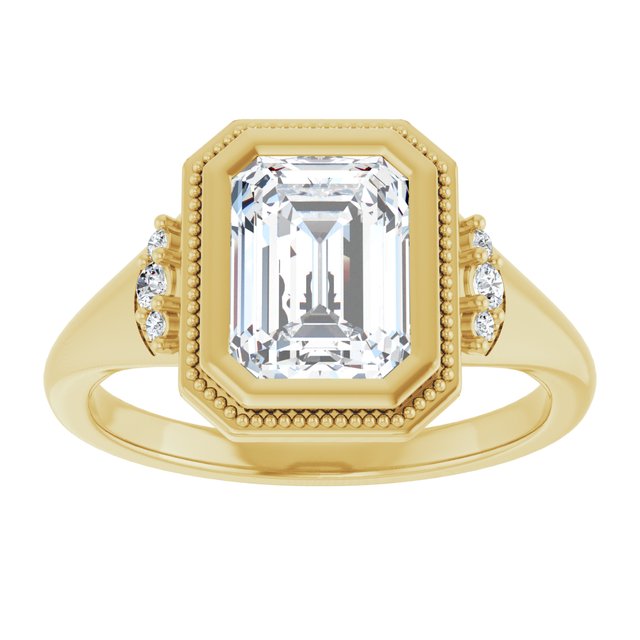 14K yellow gold 2CT Emerald Diamond Milgrain Bezel-Set Diamond Engagement Ring Setting/2-CT variant--.5CT variant--Round variant--.5CT variant--14K-yellow-gold