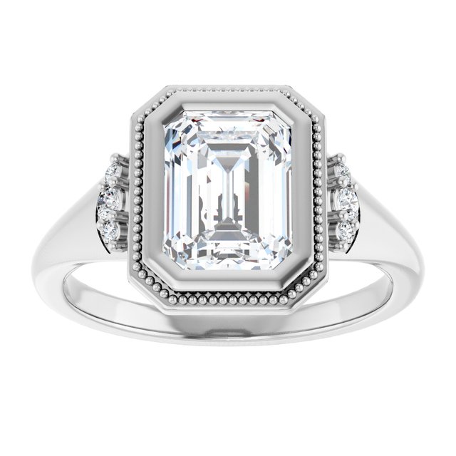14K white gold 2CT Emerald Diamond Milgrain Bezel-Set Diamond Engagement Ring Setting/2-CT variant--.5CT variant--Round variant--.5CT variant--14K-white-gold
