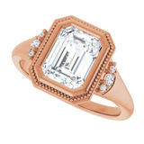 Milgrain bezel engagement ring, three-quarter angle variant--Emerald variant--2CT variant--14K-rose-gold