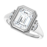 Milgrain bezel ring setting, side view with accent diamonds variant--Emerald variant--2CT variant--14K-white-gold