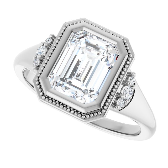 Milgrain bezel ring setting, side view with accent diamonds variant--Emerald variant--2CT variant--14K-white-gold