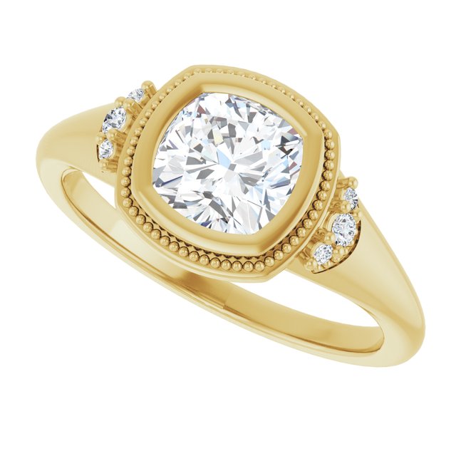 Milgrain bezel engagement ring with cushion cut center stone variant--Cushion variant--1CT variant--14K-yellow-gold