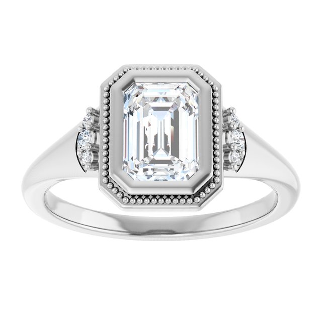 14K white gold 1CT Emerald Diamond Milgrain Bezel-Set Diamond Engagement Ring Setting variant--Emerald variant--2CT variant--14K-white-gold