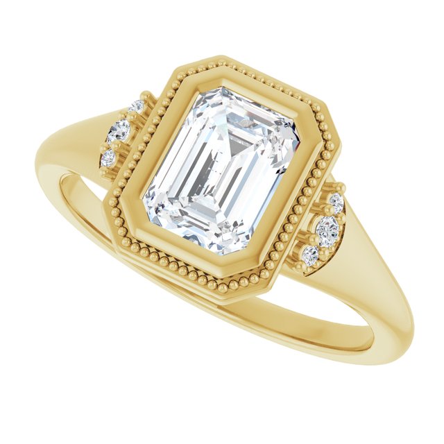 Milgrain bezel ring setting with round center stone option variant--Emerald variant--1CT variant--14K-yellow-gold