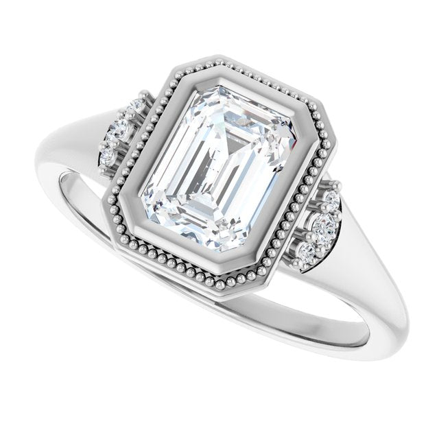 Milgrain bezel engagement ring, band detail view variant--Emerald variant--1CT variant--14K-white-gold