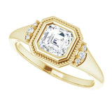 Milgrain bezel ring with 2CT round brilliant center stone/2-CT variant--.5CT variant--Asscher variant--.5CT variant--14K-yellow-gold