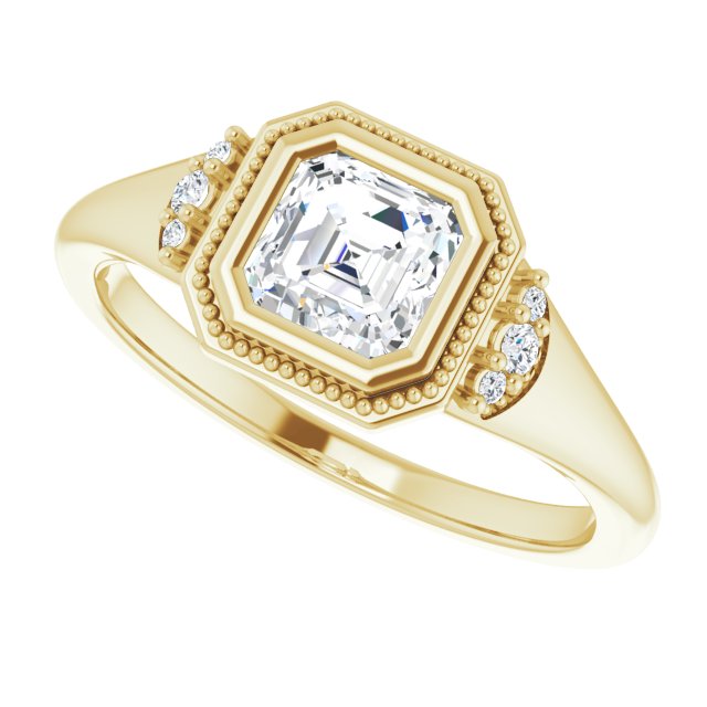 Milgrain bezel ring with 2CT round brilliant center stone/2-CT variant--.5CT variant--Asscher variant--.5CT variant--14K-yellow-gold