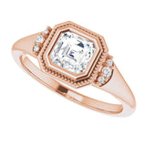 Milgrain bezel round diamond ring, overhead view/2-CT variant--.5CT variant--Asscher variant--.5CT variant--14K-rose-gold