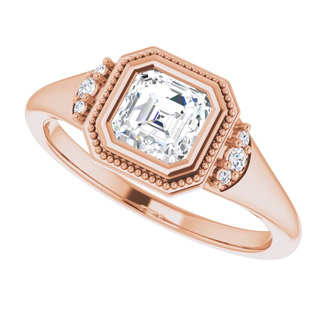 Milgrain bezel round diamond ring, overhead view/2-CT variant--.5CT variant--Asscher variant--.5CT variant--14K-rose-gold