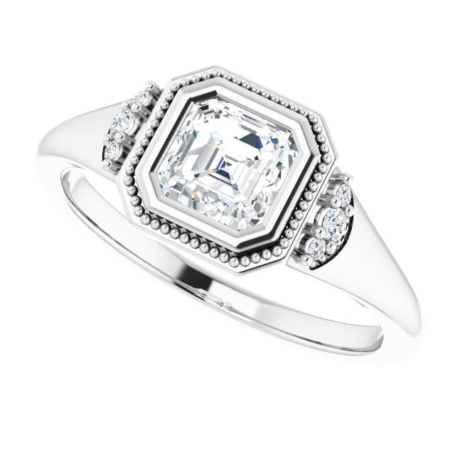 Milgrain bezel round diamond setting, alternate angle/2-CT variant--.5CT variant--Asscher variant--.5CT variant--14K-white-gold