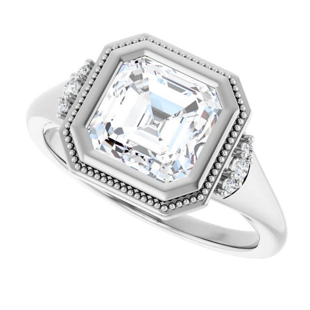 Milgrain bezel asscher diamond ring, three-quarter view variant--Asscher variant--2CT variant--14K-white-gold