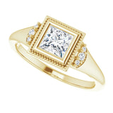 Milgrain bezel ring with 2CT pear cut center stone/2-CT variant--.5CT variant--Square variant--.5CT variant--14K-yellow-gold