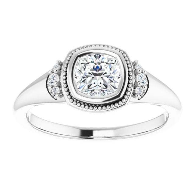 14K white gold .5CT Cushion Diamond Milgrain Bezel-Set Diamond Engagement Ring Setting variant--Cushion variant--1CT variant--14K-white-gold