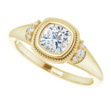 Milgrain bezel ring with 2CT asscher cut center stone/2-CT variant--.5CT variant--Cushion variant--.5CT variant--14K-yellow-gold