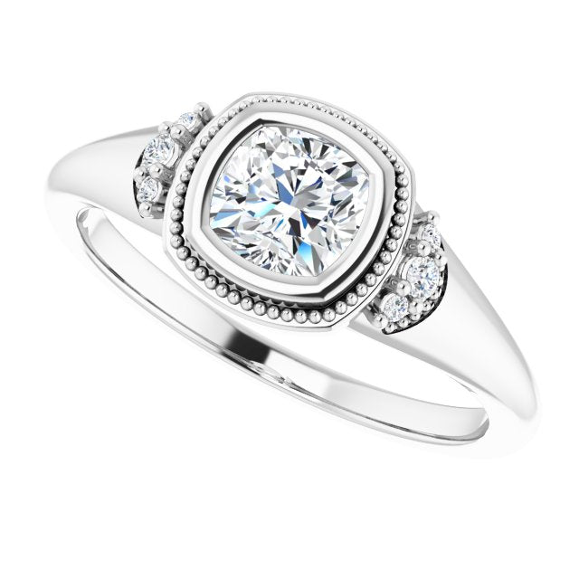 Milgrain bezel asscher diamond ring, alternate angle/2-CT variant--.5CT variant--Cushion variant--.5CT variant--14K-white-gold