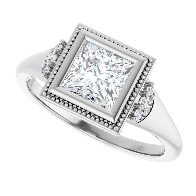 Milgrain bezel square diamond ring, alternate angle variant--Square variant--1CT variant--14K-white-gold