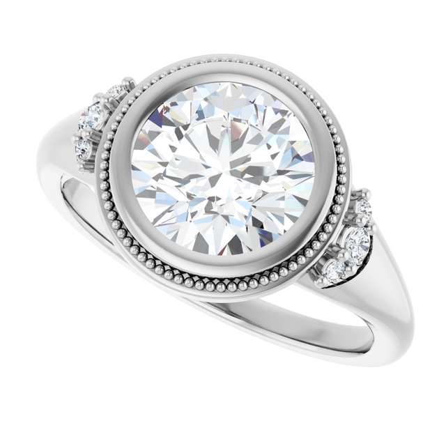 Milgrain bezel round diamond ring, three-quarter view variant--Round variant--2CT variant--14K-white-gold