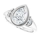 Milgrain bezel pear diamond ring, three-quarter view variant--Pear variant--2CT variant--14K-white-gold