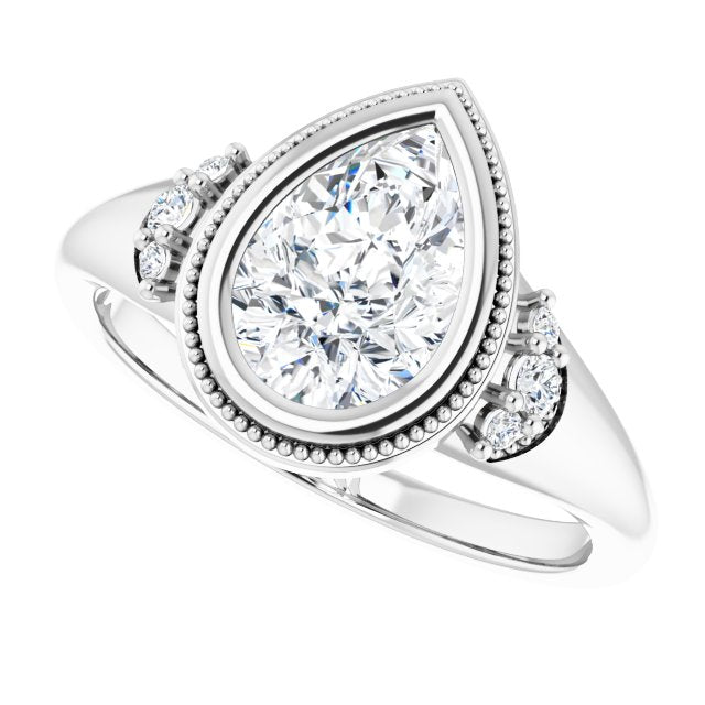 Milgrain bezel pear diamond ring, three-quarter view variant--Pear variant--2CT variant--14K-white-gold