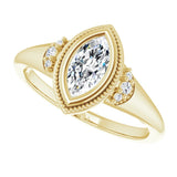 Milgrain bezel ring with 2CT cushion cut center stone/2-CT variant--.5CT variant--Marquise variant--.5CT variant--14K-yellow-gold