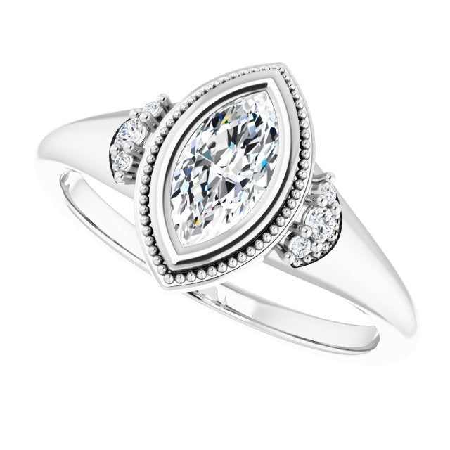 Milgrain bezel cushion diamond ring, alternate angle/2-CT variant--.5CT variant--Marquise variant--.5CT variant--14K-white-gold