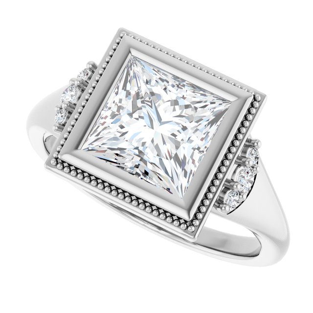 Milgrain bezel square diamond ring, three-quarter view variant--Square variant--2CT variant--14K-white-gold