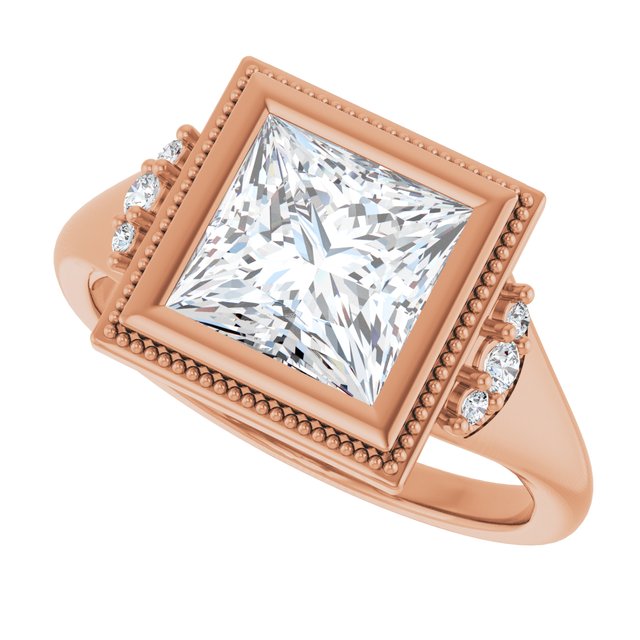 Milgrain bezel square diamond setting, band detail variant--Square variant--2CT variant--14K-rose-gold