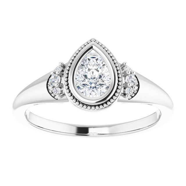 14K white gold .5CT Pear Diamond Milgrain Bezel-Set Diamond Engagement Ring Setting variant--Pear variant--1CT variant--14K-white-gold