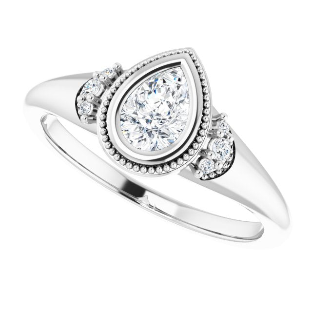 Milgrain bezel oval diamond ring, alternate angle/2-CT variant--.5CT variant--Pear variant--.5CT variant--14K-white-gold