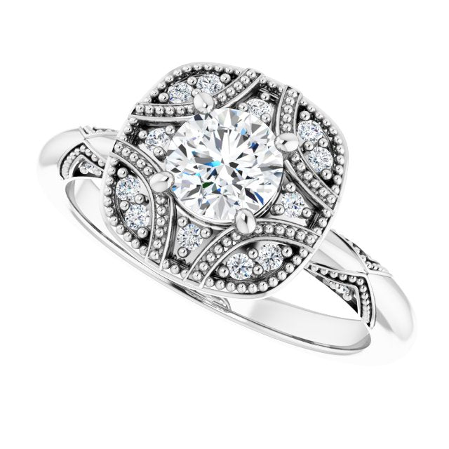 Milgrain vintage ring with emerald center, additional view/2-CT variant--.5CT variant--Round variant--.5CT variant--14K-white-gold