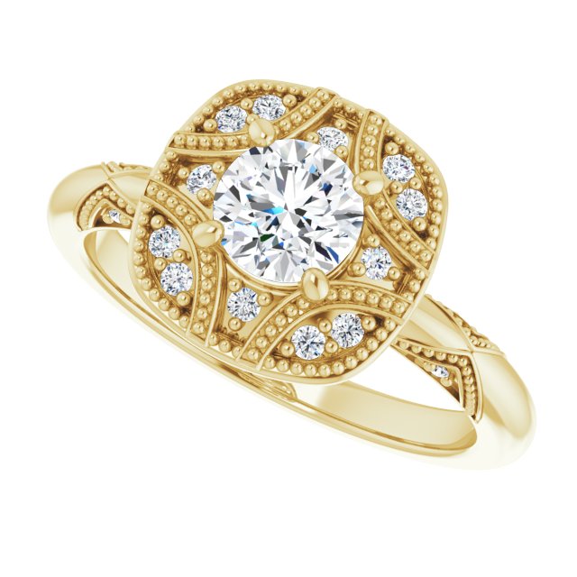 Milgrain vintage emerald ring, detail shot/2-CT variant--.5CT variant--Round variant--.5CT variant--14K-yellow-gold