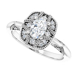 Milgrain vintage ring with emerald cut center stone, three-quarter view/2-CT variant--.5CT variant--Oval variant--.5CT variant--14K-white-gold