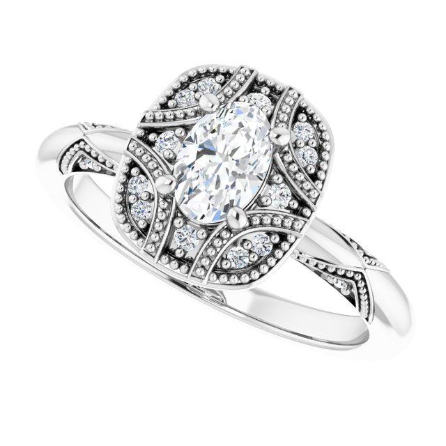 Milgrain vintage ring with emerald cut center stone, three-quarter view/2-CT variant--.5CT variant--Oval variant--.5CT variant--14K-white-gold