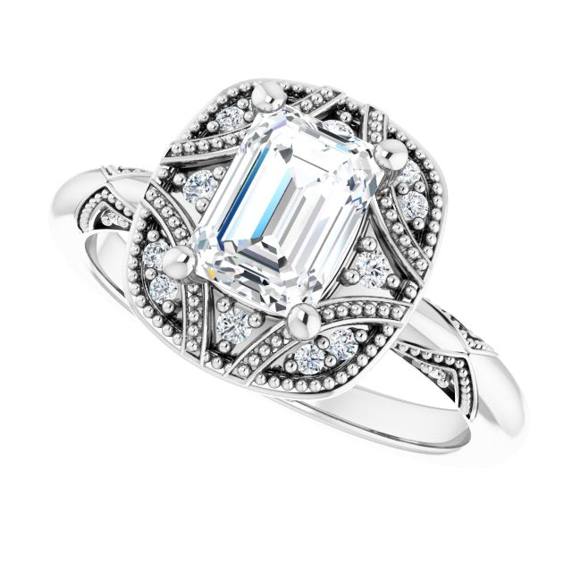 Milgrain vintage ring with asscher center stone variant--Emerald variant--1CT variant--14K-white-gold