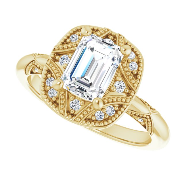 Milgrain vintage asscher ring, alternate angle variant--Emerald variant--1CT variant--14K-yellow-gold