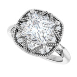 Milgrain vintage engagement ring, wide-angle product shot variant--Square variant--2CT variant--14K-white-gold