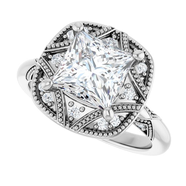 Milgrain vintage engagement ring, wide-angle product shot variant--Square variant--2CT variant--14K-white-gold