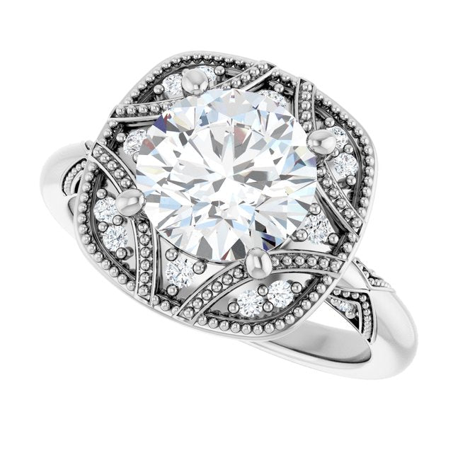 Milgrain vintage ring setting, additional angle variant--Round variant--2CT variant--14K-white-gold