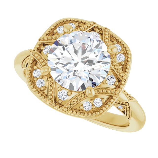 Milgrain vintage ring, profile showing band width variant--Round variant--2CT variant--14K-yellow-gold