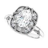 Milgrain vintage ring with round center stone, three-quarter view variant--Oval variant--1CT variant--14K-white-gold