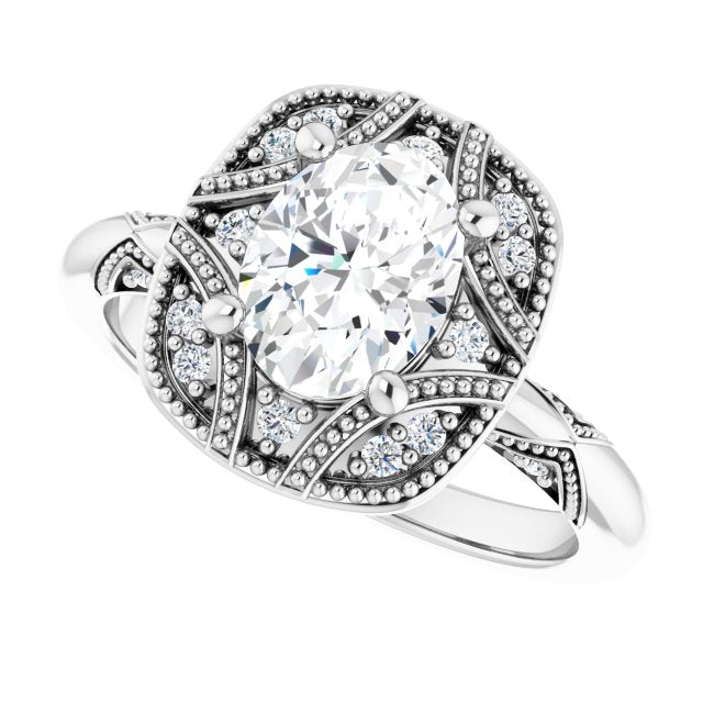 Milgrain vintage ring with round center stone, three-quarter view variant--Oval variant--1CT variant--14K-white-gold