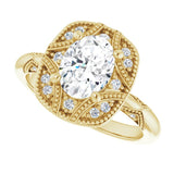 Milgrain vintage round diamond ring, alternate angle variant--Oval variant--1CT variant--14K-yellow-gold