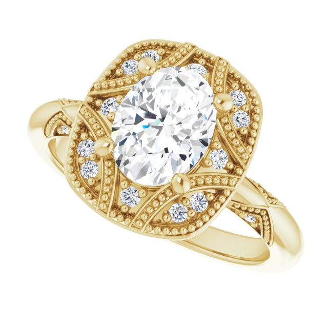 Milgrain vintage round diamond ring, alternate angle variant--Oval variant--1CT variant--14K-yellow-gold