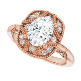 Milgrain vintage round diamond ring, band detail variant--Oval variant--1CT variant--14K-rose-gold