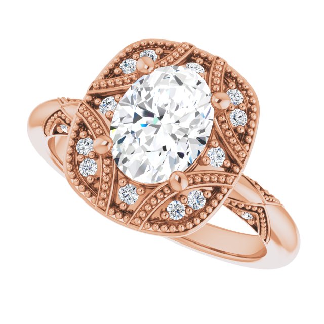 Milgrain vintage round diamond ring, band detail variant--Oval variant--1CT variant--14K-rose-gold