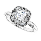 Milgrain vintage ring with cushion center stone/2-CT variant--.5CT variant--Asscher variant--.5CT variant--14K-white-gold